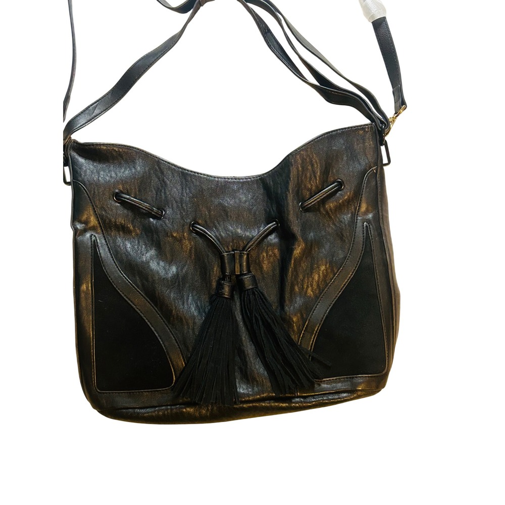 French Connection Black Faux Leather Tassel Drawstring Bucket Bag Shoulder Purse